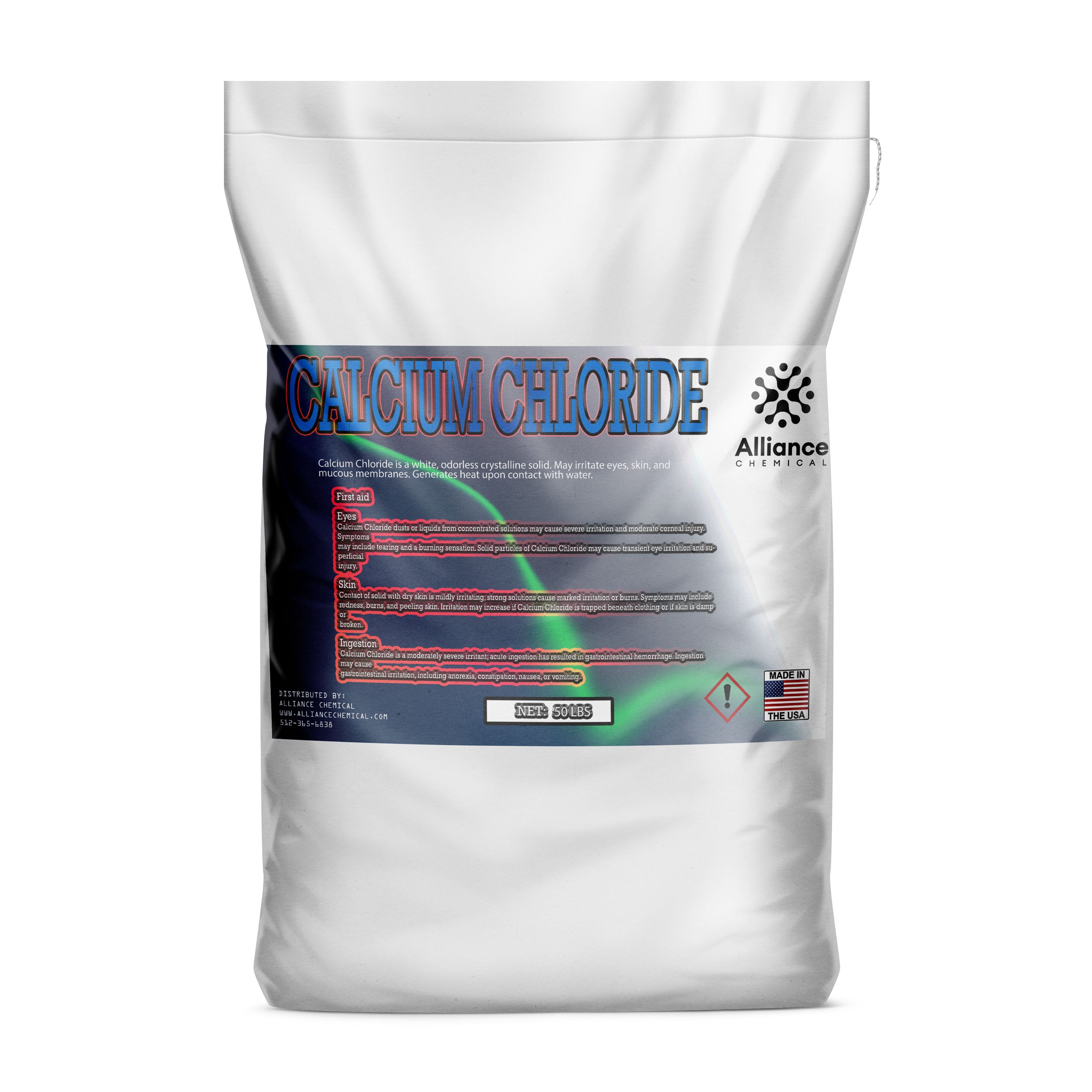 50lb industrial-grade calcium chloride in white reinforced bag, Alliance Chemical brand, warning label for eye/skin irritant, Made in USA, hazard symbol.